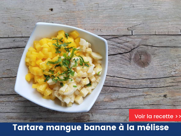 Tartare de mangue et banane parfumé à la mélisse